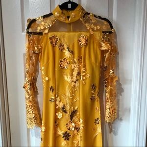 Yellow Dress with Flowers Details, Ao Dai